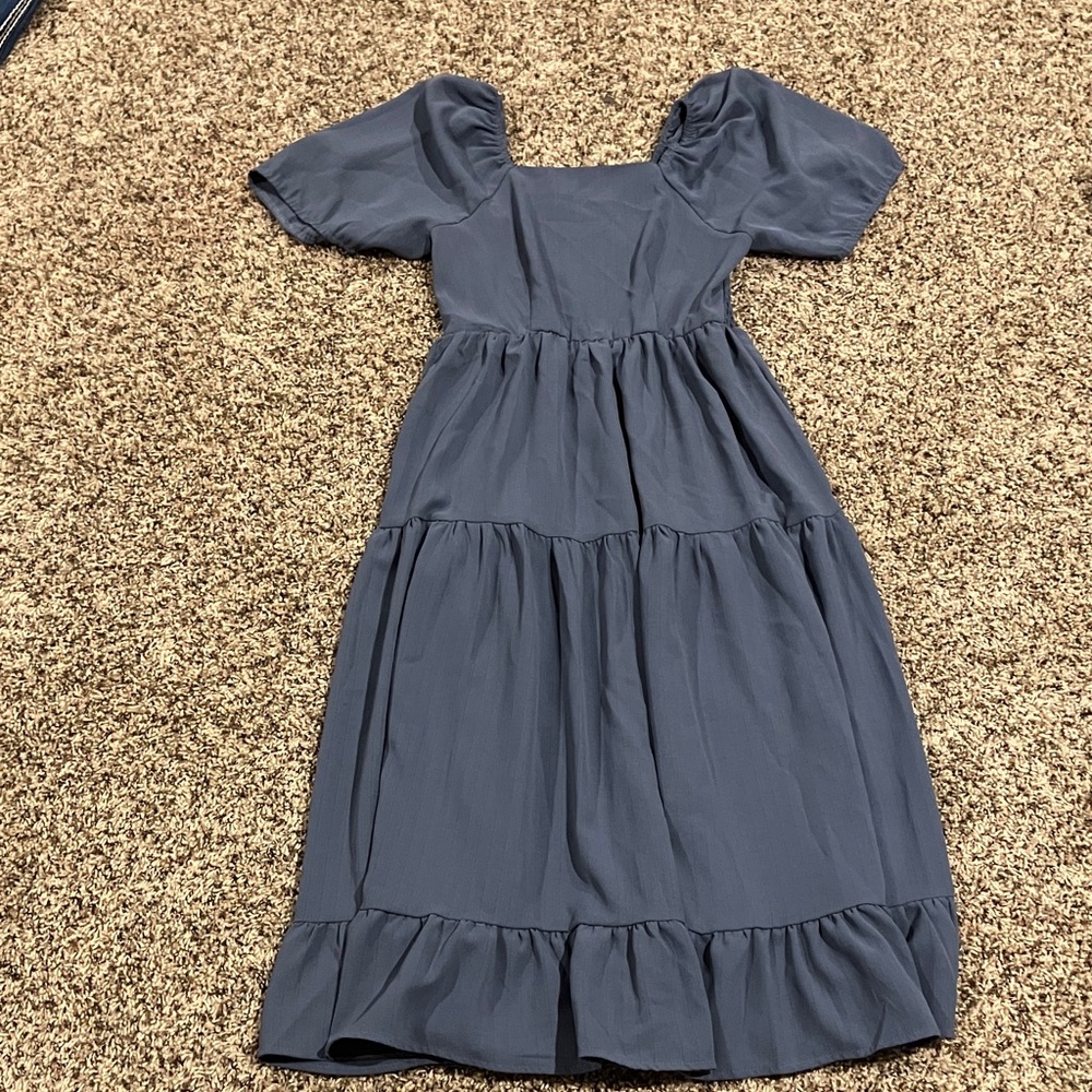 Blue Puff Sleeve Tiered Dress